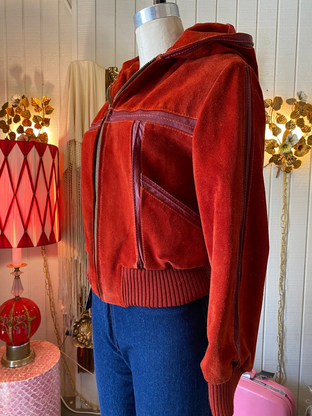 vintage 1970s rust suede hooded bomber jacket, 70s fashion, s/m, retro, disco